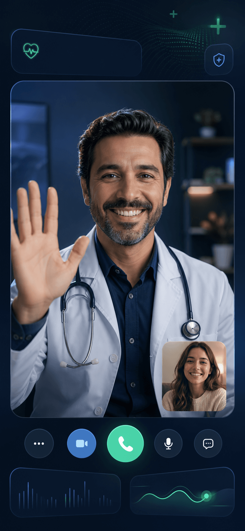 Tela de consulta por video do aplicativo Doctor Social com médico acenando para paciente